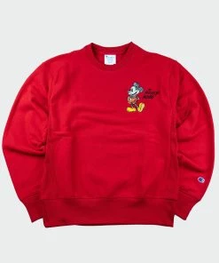 Men's Champion Reverse Weave Mickey Mouse Crew Sweatshirt Red RED